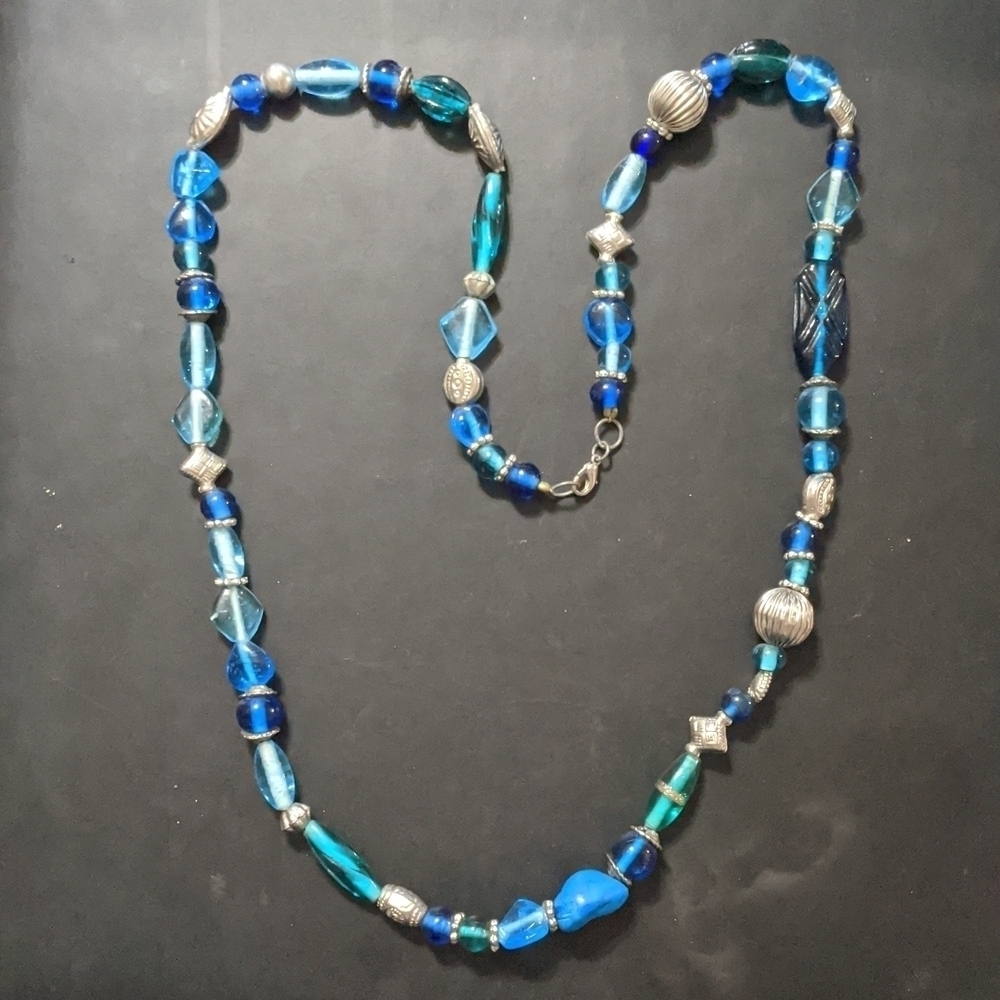 SIilver Tone and Blue Chunky Beaded Statement Necklace